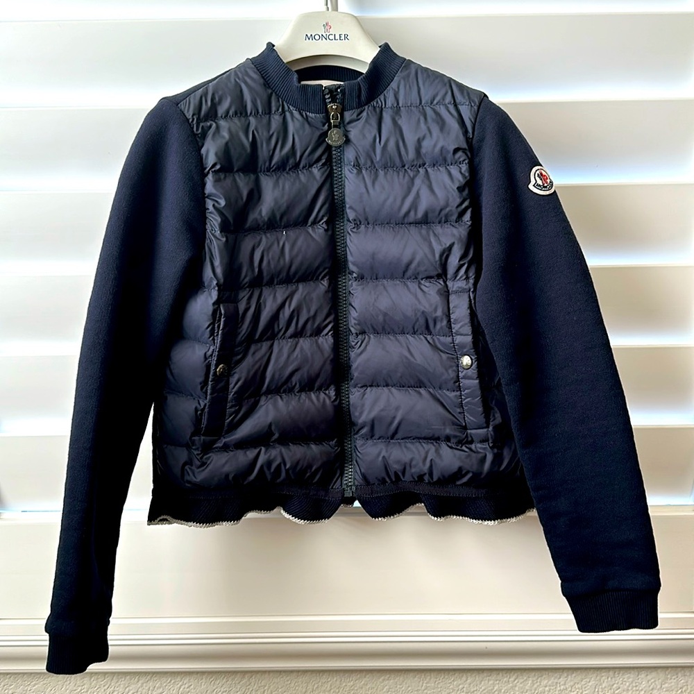 Navy Kids Moncler sweater with puffer chest